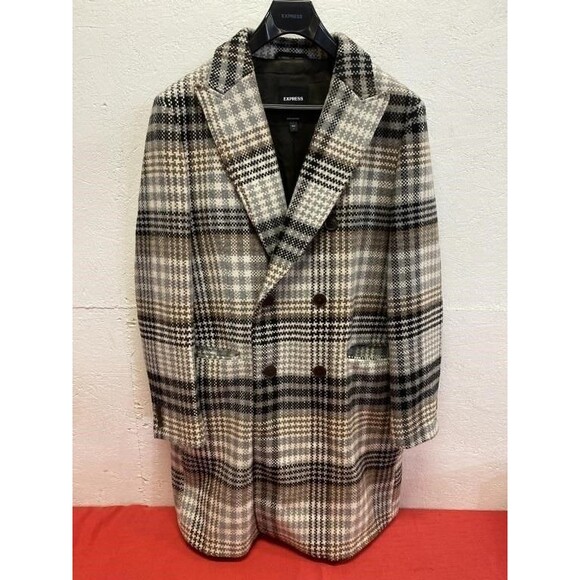 EXPRESS $348 MSRP BEIGE PLAID WOOL BLEND TOPCOAT COAT SIZE LARGE - Picture 1 of 9